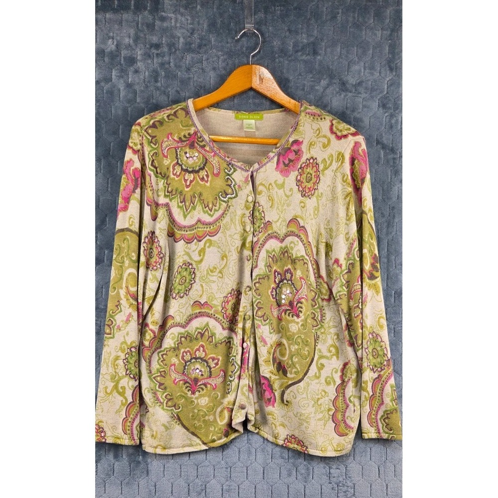 SINGRID OLSEN GREEN PAISLEY SWEATER 2XL